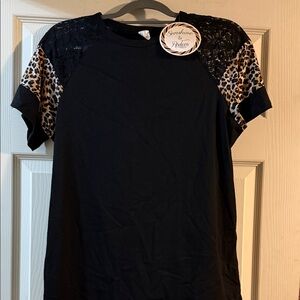 Black Top with Lace and Leopard Print Sleeves